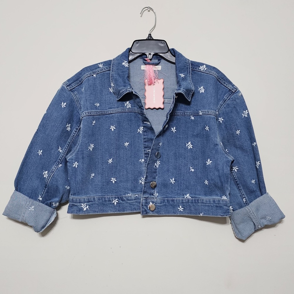 Chelsea&Violet Women's Denim Jacket Large Blue Medium Wash Embroidery Floral 371 - Picture 3 of 15